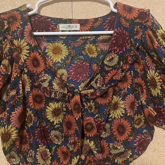 Natural Life Crop Top Smocked Floral Short Sleeve Size Médium Ruffle Shirt Boho - Picture 7 of 8